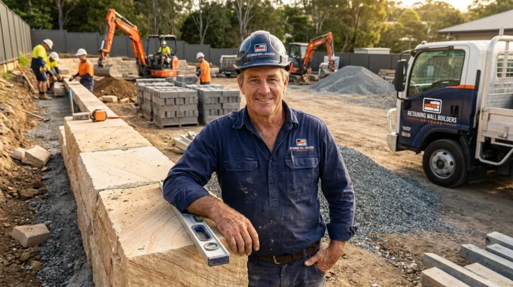 Lead contractor from Retaining Wall Builders Brisbane holding a spirit level, smiling confidently at a busy construction site.